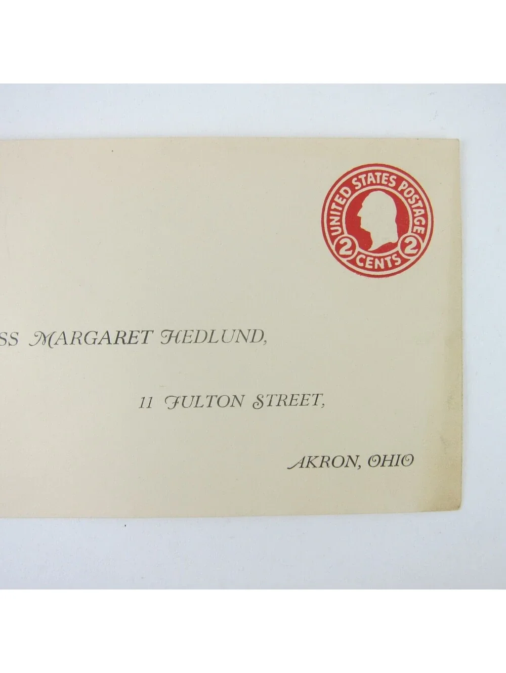 US Postal Stationery Miss Margaret Hedlund Akron Ohio 2 cent Washington Antique